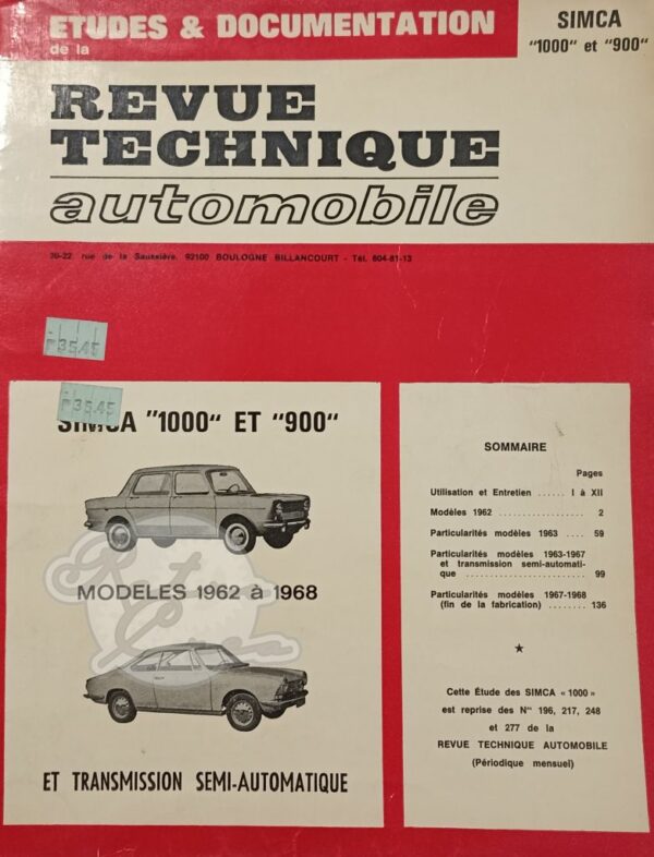 Revue Technique Etude RTA Simca 1000 900