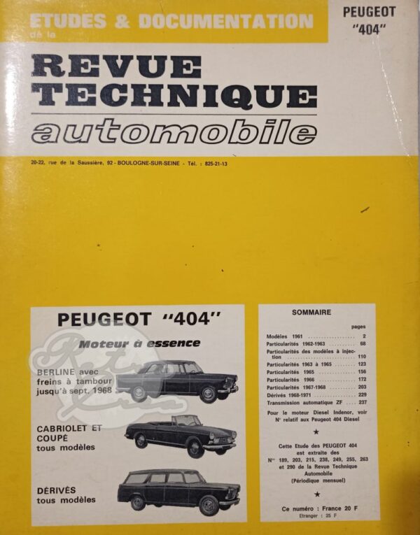 Revue Technique Etude RTA Peugeot 404