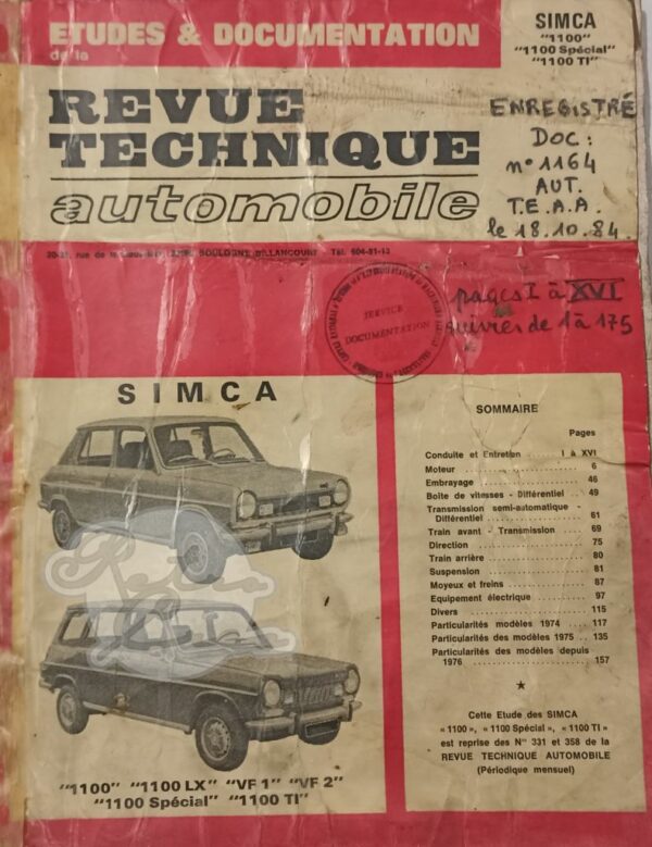 Revue Technique Etude RTA Simca 1100 1100S 1100TI