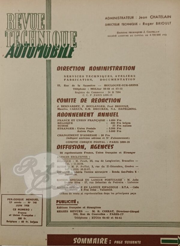 Revue Technique RTA Simca Aronde 1300 1956-58, Monthlery - Image 2