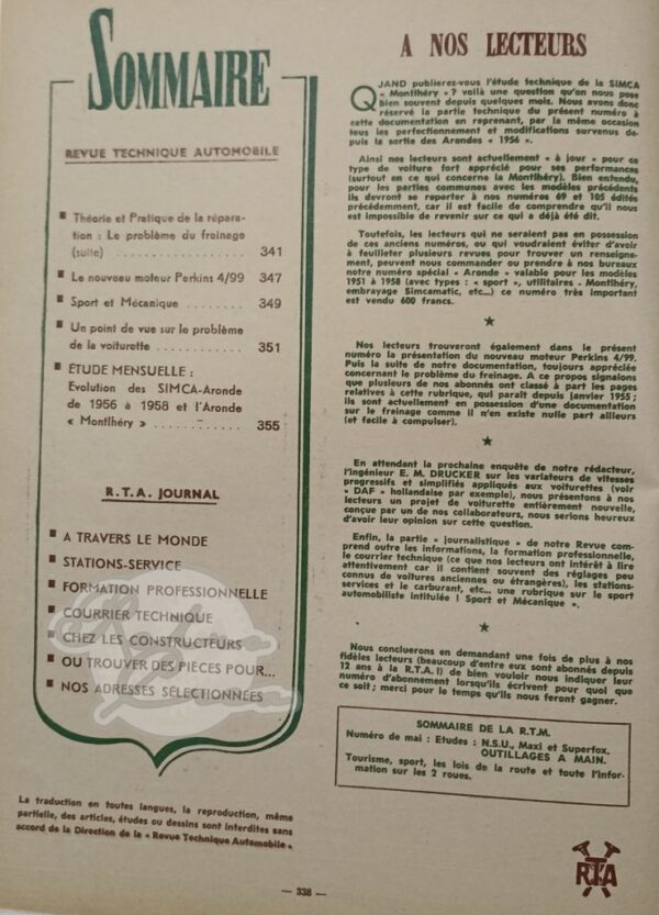 Revue Technique RTA Simca Aronde 1300 1956-58, Monthlery - Image 3