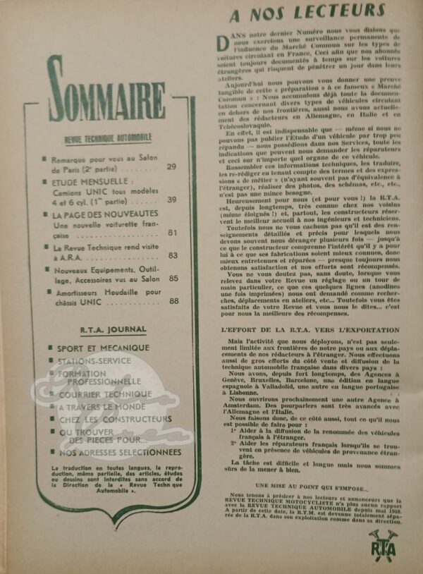 Revue Technique RTA Unic Alpes, Pyrénées, Vosges 1946-59 (partie 1) - Image 3