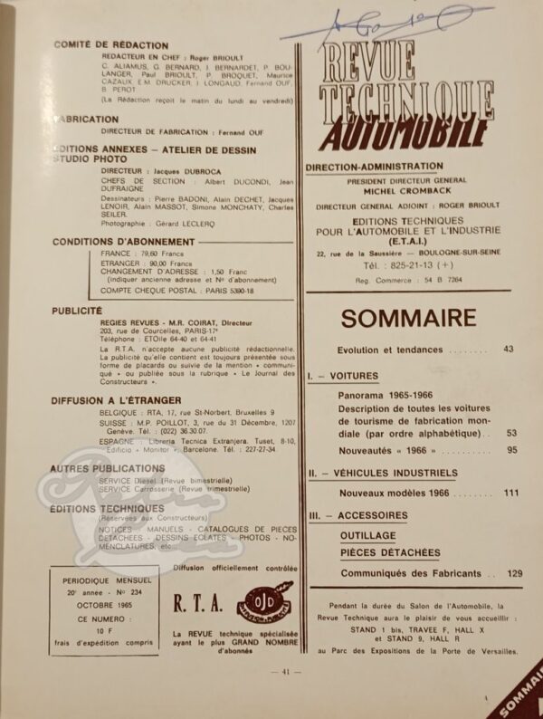 Revue Technique RTA Special Salon 1965 - Image 2