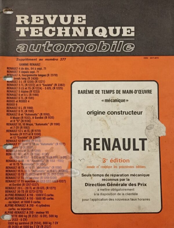Revue Technique RTA Barême de temps Renault 3e édition