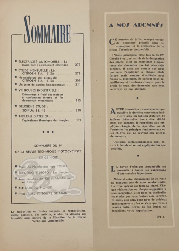 Revue Technique RTA Citroën Traction 15 Six D et G. Somua JL 15 - Image 3