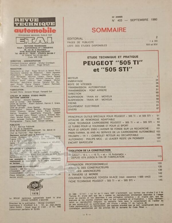 Revue Technique RTA Peugeot 505 TI, STI - Image 2