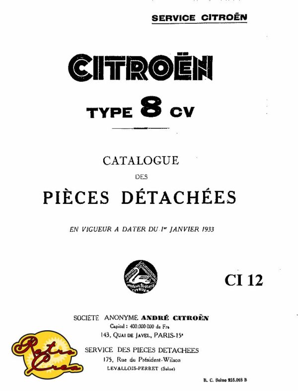 Catalogue Pièces Citroën Rosalie 8CV