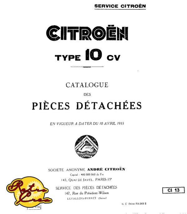 Catalogue Pièces Citroën Rosalie 10CV