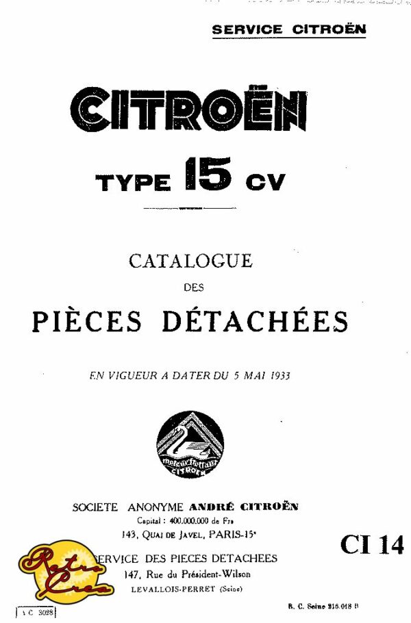 Catalogue Pièces Citroën Rosalie 15CV