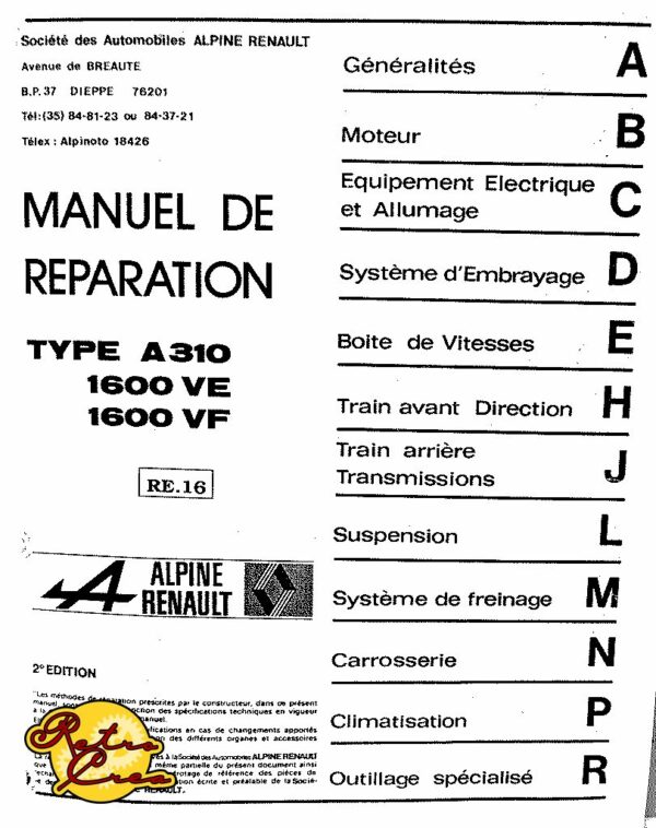 Manuel Réparation Alpine Renault A310 1600 VE VF