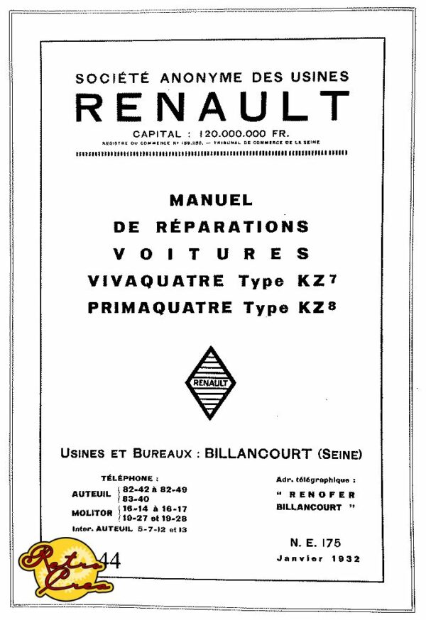 Manuel Réparation Renault Primaquatre KZ8 Vivaquatre KZ7