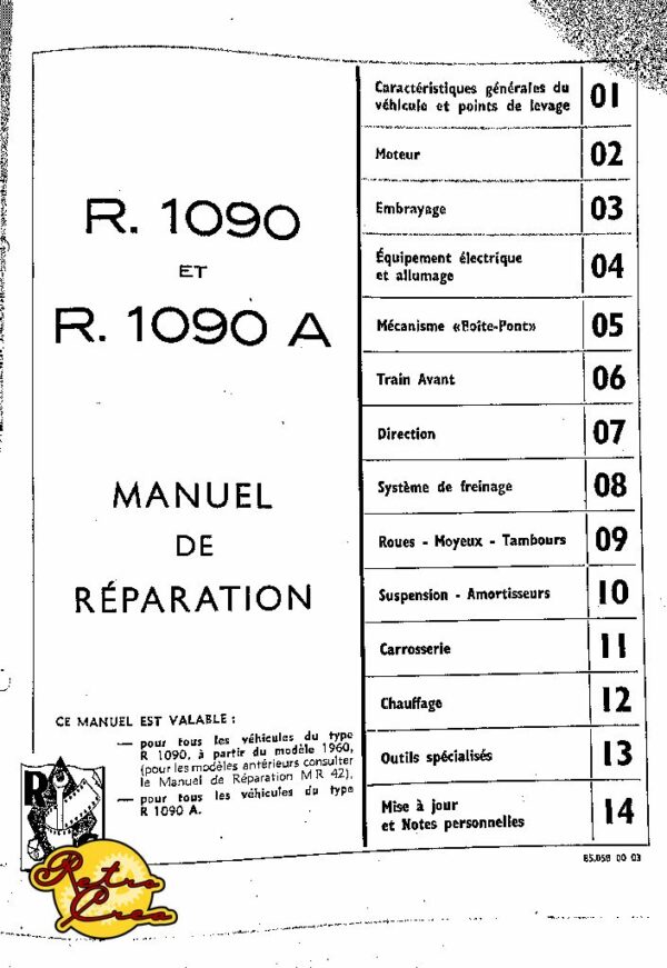 Manuel Réparation Renault Dauphine R1090 depuis 1960 R1090A