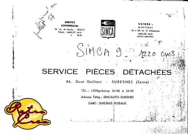 Catalogue Pièces Simca Simca 9 1221cm3 1951/54